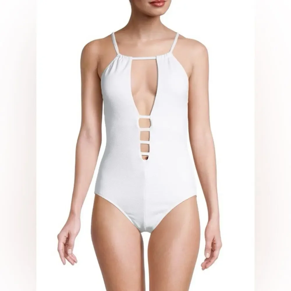 New RACHEL Rachel Roy ​Pique Lattice Cutout One Piece Swimsuit White Small
